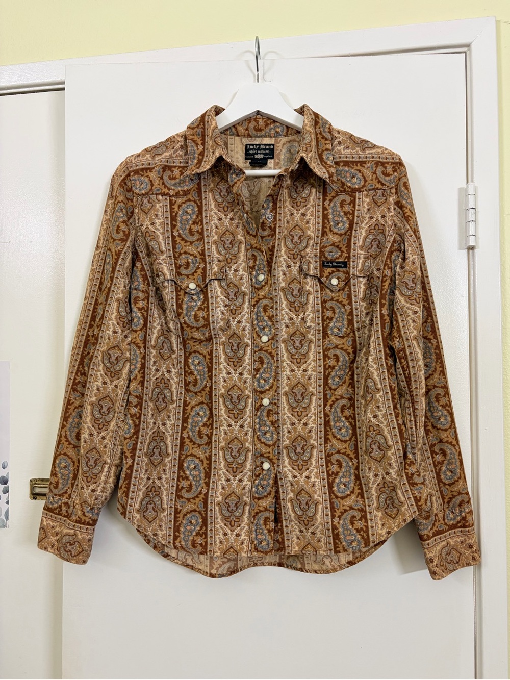 Lucky Brand Y2K Boho Western Paisley Corduroy Pearl Snap Shirt Size M